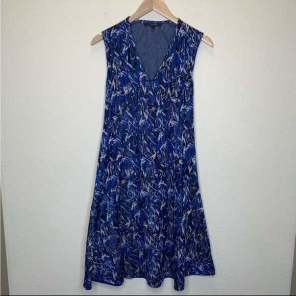 Derek Lam New York v-neck blue and black abstract print swing knit dress size 6 - Picture 2 of 12